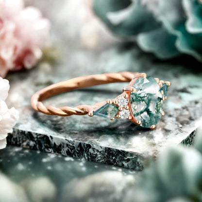 Vintage Moss Agate Engagement Ring 18K Rose Gold Oval Cut Natural Moss Agate Wedding Promise Ring Handmade Ring Anniversary Rings For Women Ver.2
