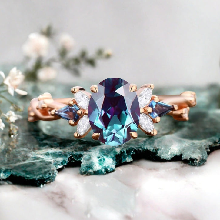 Vintage Alexandrite Engagement Ring 18K Rose Gold Oval Cut Natural Alexandrite Wedding Promise Ring Handmade Ring Anniversary Rings For Women Ver.3