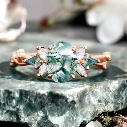 Vintage Moss Agate Engagement Ring 18K Rose Gold Oval Cut Natural Moss Agate Wedding Promise Ring Handmade Ring Anniversary Rings For Women Ver.3