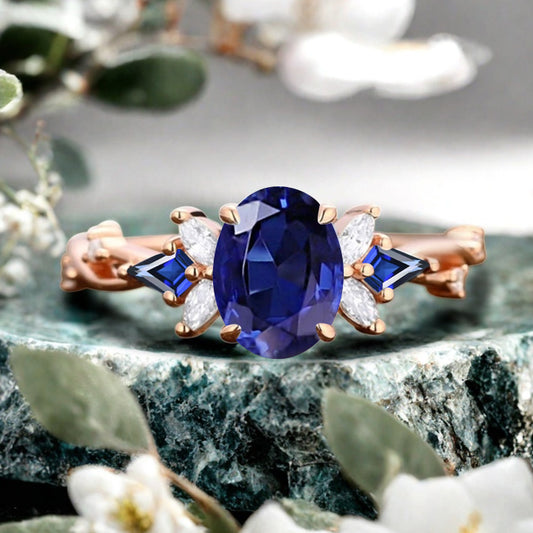 Vintage Blue Topaz Engagement Ring 18K Rose Gold Oval Cut Natural Blue Topaz Wedding Promise Ring Handmade Ring Anniversary Rings For Women Ver.3