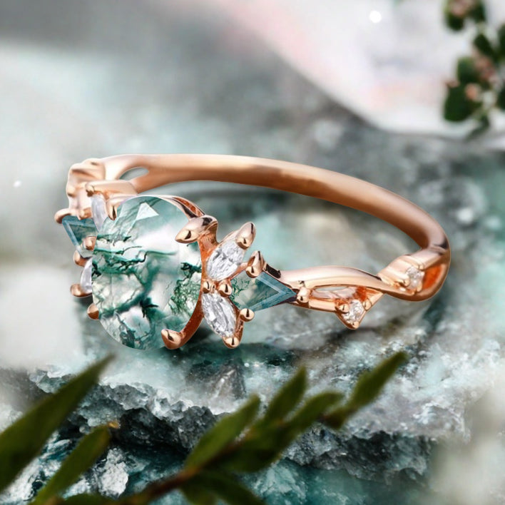 Vintage Moss Agate Engagement Ring 18K Rose Gold Oval Cut Natural Moss Agate Wedding Promise Ring Handmade Ring Anniversary Rings For Women Ver.3