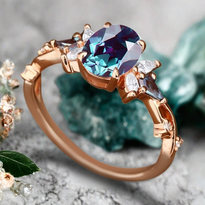 Vintage Alexandrite Engagement Ring 18K Rose Gold Oval Cut Natural Alexandrite Wedding Promise Ring Handmade Ring Anniversary Rings For Women Ver.3