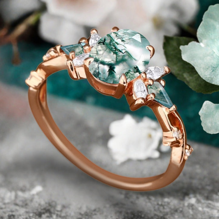 Vintage Moss Agate Engagement Ring 18K Rose Gold Oval Cut Natural Moss Agate Wedding Promise Ring Handmade Ring Anniversary Rings For Women Ver.3