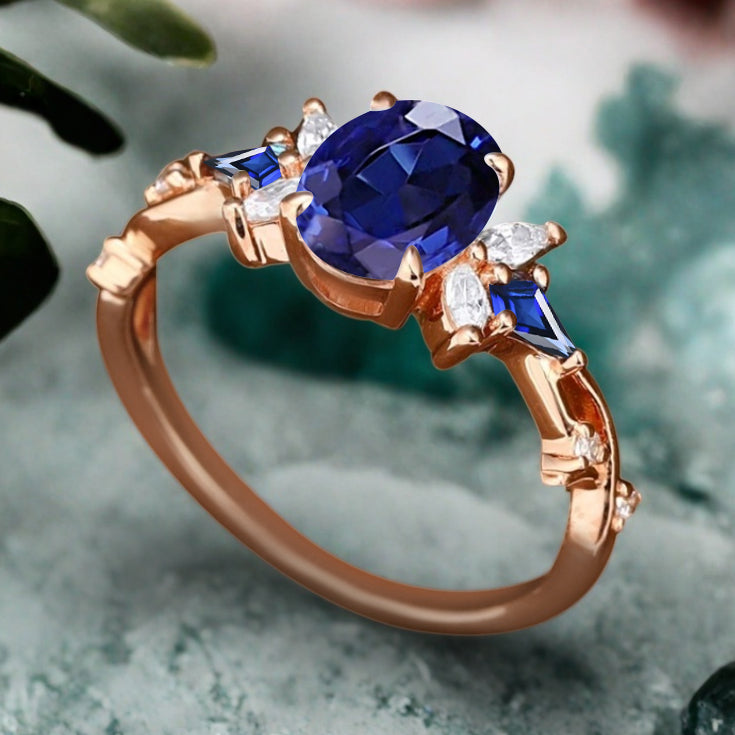 Vintage Blue Topaz Engagement Ring 18K Rose Gold Oval Cut Natural Blue Topaz Wedding Promise Ring Handmade Ring Anniversary Rings For Women Ver.3