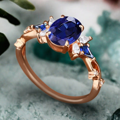 Vintage Blue Topaz Engagement Ring 18K Rose Gold Oval Cut Natural Blue Topaz Wedding Promise Ring Handmade Ring Anniversary Rings For Women Ver.3