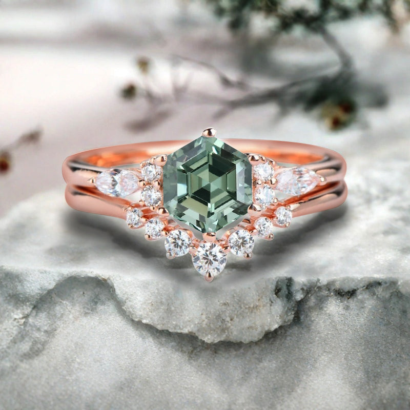 Vintage Hexagon Cut Tsavorite Engagement Ring Set 14k Rose Gold Bridal Ring Set Unique Green Tsavorite Wedding Ring Set Women Anniversary Gift