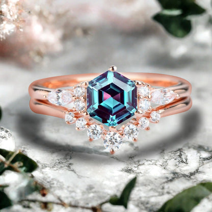 Vintage Hexagon Cut Aquamarine Engagement Ring Set 14k Rose Gold Bridal Ring Set Unique Blue Aquamarine Wedding Ring Set Women Anniversary Gift