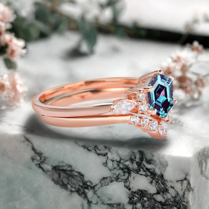 Vintage Hexagon Cut Aquamarine Engagement Ring Set 14k Rose Gold Bridal Ring Set Unique Blue Aquamarine Wedding Ring Set Women Anniversary Gift