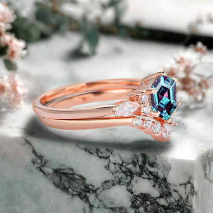Vintage Hexagon Cut Aquamarine Engagement Ring Set 14k Rose Gold Bridal Ring Set Unique Blue Aquamarine Wedding Ring Set Women Anniversary Gift