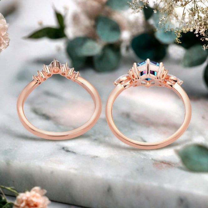 Vintage Hexagon Cut Aquamarine Engagement Ring Set 14k Rose Gold Bridal Ring Set Unique Blue Aquamarine Wedding Ring Set Women Anniversary Gift