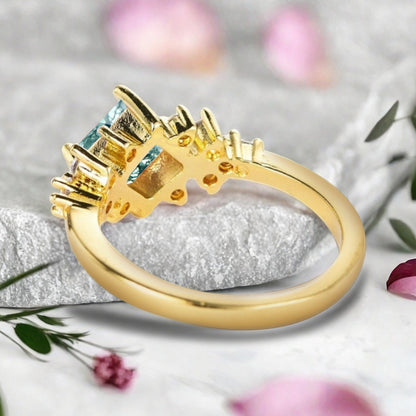 Vintage Princess Cut Ring, Moss Agate Engagement Ring, Sterling Silver Ring, Handmade 18K Gold Art Deco Promise Ring Ver.2