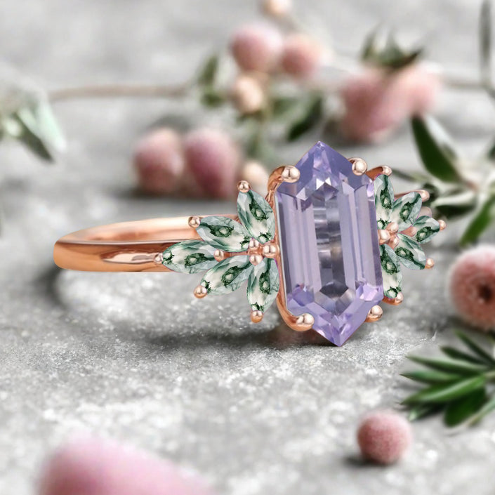 Vintage Hexagon Cut Amethyst Engagement Ring Moss Agate Wedding Ring Art Deco Rose Gold Dainty Bridal Ring Anniversary Ring