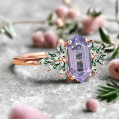 Vintage Hexagon Cut Amethyst Engagement Ring Moss Agate Wedding Ring Art Deco Rose Gold Dainty Bridal Ring Anniversary Ring
