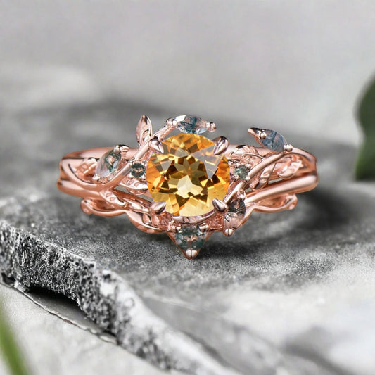 1ct Round Nature Inspired Flower Natural Citrine Wedding Ring Set Rose Gold Citrine Moss Agate Bridal Ring Set Unqiue Gift