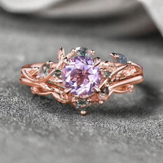 1ct Round Nature Inspired Flower Natural Amethyst Wedding Ring Set Rose Gold Amethyst Moss Agate Bridal Ring Set Unqiue Gift