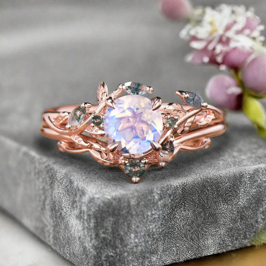1ct Round Nature Inspired Flower Natural Pink Sapphire Wedding Ring Set Rose Gold Pink Sapphire Moss Agate Bridal Ring Set Unqiue Gift