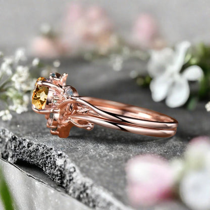 1ct Round Nature Inspired Flower Natural Citrine Wedding Ring Set Rose Gold Citrine Moss Agate Bridal Ring Set Unqiue Gift