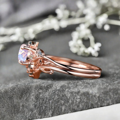 1ct Round Nature Inspired Flower Natural Pink Sapphire Wedding Ring Set Rose Gold Pink Sapphire Moss Agate Bridal Ring Set Unqiue Gift