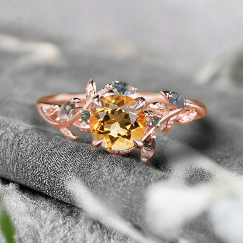 1ct Round Nature Inspired Flower Natural Citrine Wedding Ring Set Rose Gold Citrine Moss Agate Bridal Ring Set Unqiue Gift