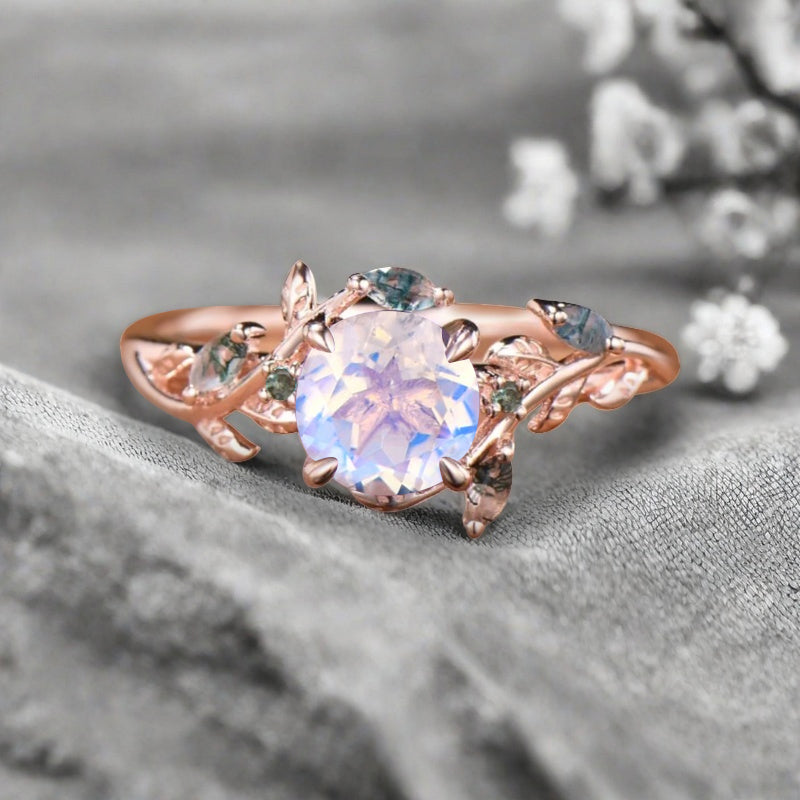 1ct Round Nature Inspired Flower Natural Pink Sapphire Wedding Ring Set Rose Gold Pink Sapphire Moss Agate Bridal Ring Set Unqiue Gift
