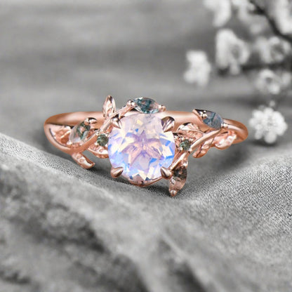 1ct Round Nature Inspired Flower Natural Pink Sapphire Wedding Ring Set Rose Gold Pink Sapphire Moss Agate Bridal Ring Set Unqiue Gift
