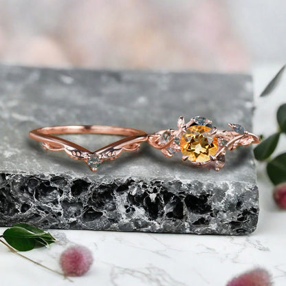 1ct Round Nature Inspired Flower Natural Citrine Wedding Ring Set Rose Gold Citrine Moss Agate Bridal Ring Set Unqiue Gift