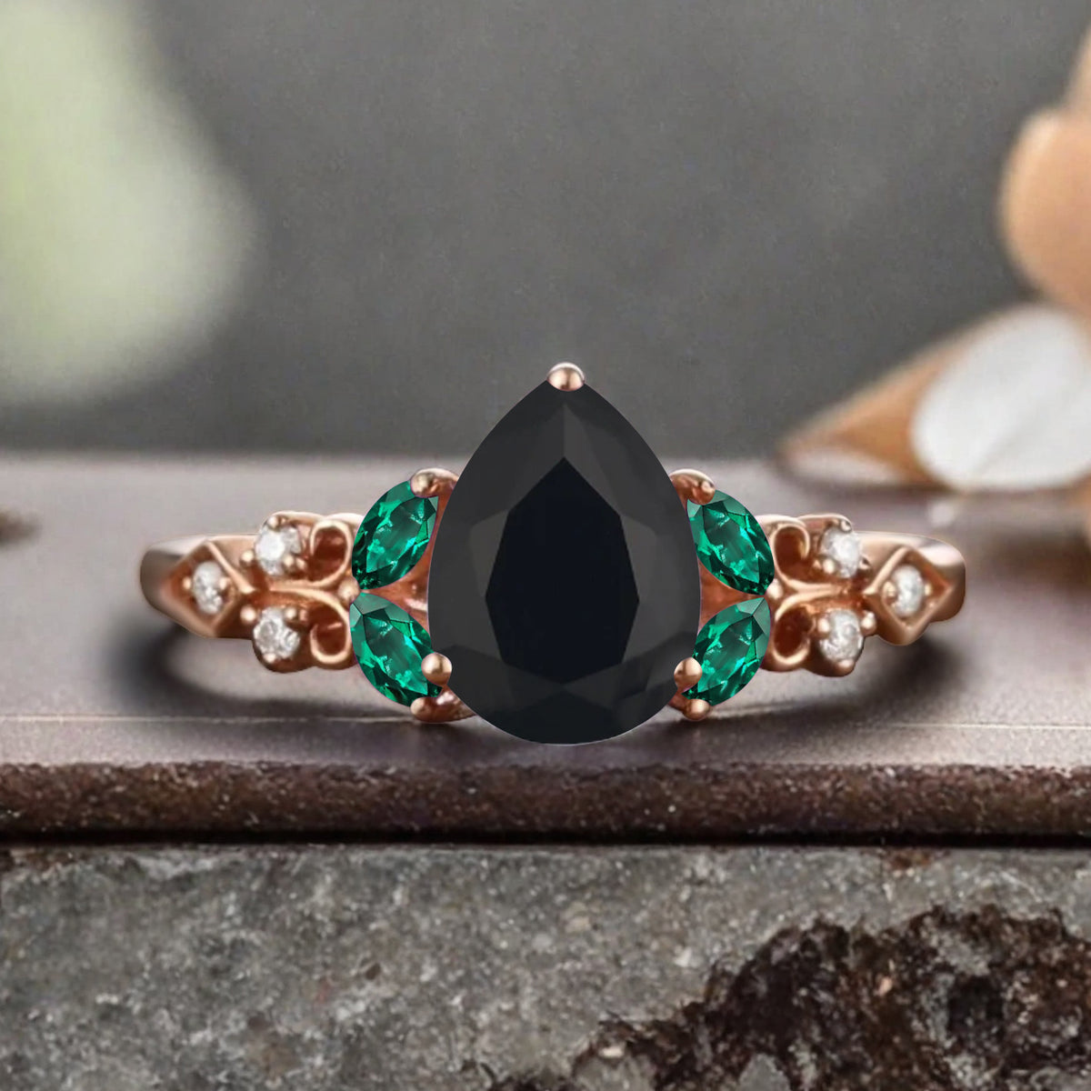 Vintage Pear Black Onyx Engagement Ring Unique Emerald Sidestones Pear Shape Gemstone Promise Ring Ver.2