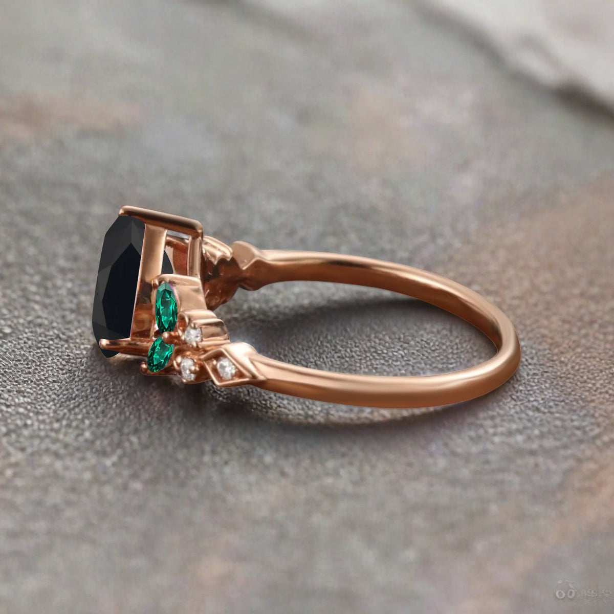 Vintage Pear Black Onyx Engagement Ring Unique Emerald Sidestones Pear Shape Gemstone Promise Ring Ver.2