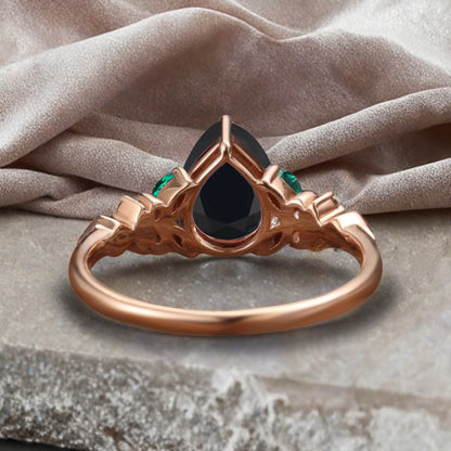 Vintage Pear Black Onyx Engagement Ring Unique Emerald Sidestones Pear Shape Gemstone Promise Ring Ver.2