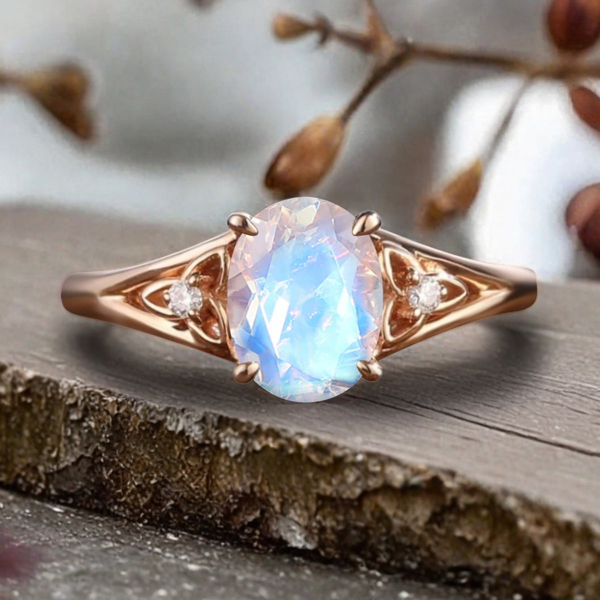 Oval Cut Moonstone Engagement Ring Vintage Unique Rose Gold Blue-White Agate Wedding Ring Handmade Bridal Promise Ring Anniversary Gift Ring