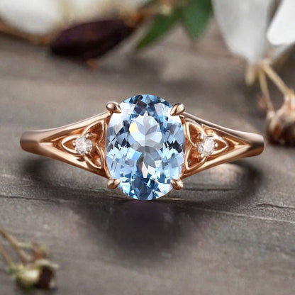Oval Cut Aquamarine Engagement Ring Vintage Unique Rose Gold Blue Agate Wedding Ring Handmade Bridal Promise Ring Anniversary Gift Ring