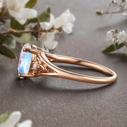 Oval Cut Moonstone Engagement Ring Vintage Unique Rose Gold Blue-White Agate Wedding Ring Handmade Bridal Promise Ring Anniversary Gift Ring