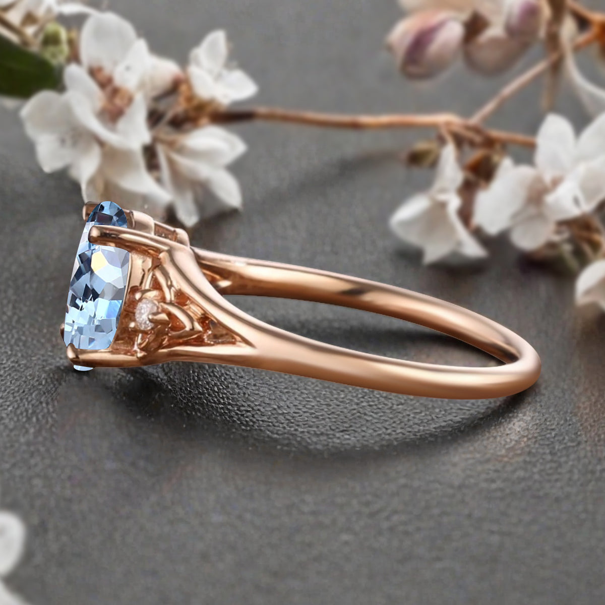 Oval Cut Aquamarine Engagement Ring Vintage Unique Rose Gold Blue Agate Wedding Ring Handmade Bridal Promise Ring Anniversary Gift Ring