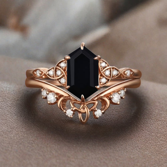 Unique Hexagon Black Onyx Ring Art Deco Wedding Ring Set Vintage Black Agate Engagement Anniversary Ring