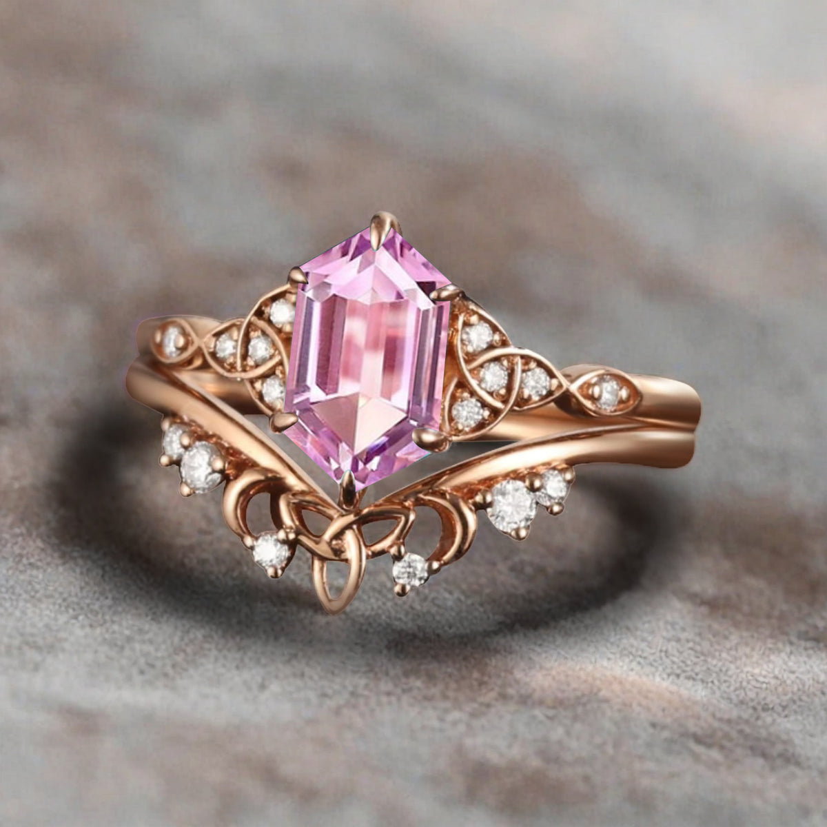 Unique Hexagon Pink Sapphire Ring Art Deco Wedding Ring Set Vintage Pink Agate Engagement Anniversary Ring