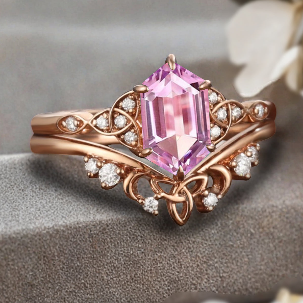 Unique Hexagon Pink Sapphire Ring Art Deco Wedding Ring Set Vintage Pink Agate Engagement Anniversary Ring
