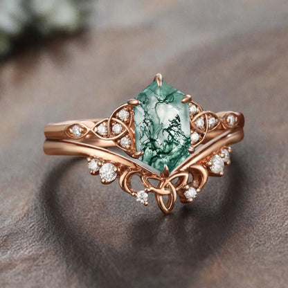 Unique Hexagon Moss Agate Ring Art Deco Wedding Ring Set Vintage Green Agate Engagement Anniversary Ring
