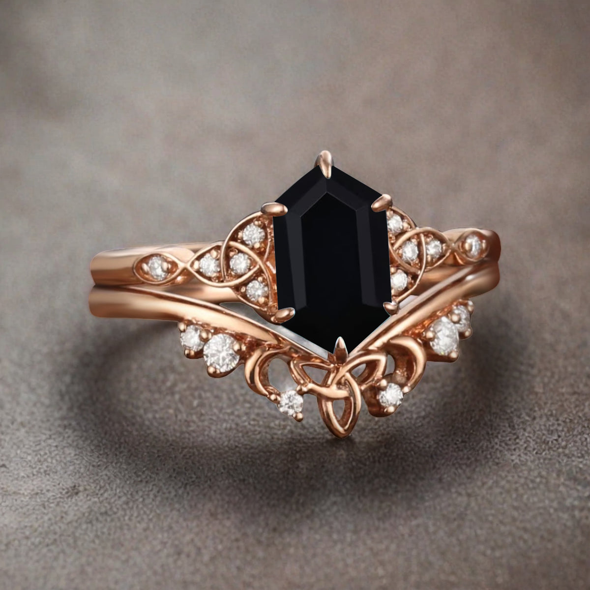 Unique Hexagon Black Onyx Ring Art Deco Wedding Ring Set Vintage Black Agate Engagement Anniversary Ring