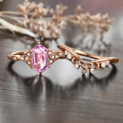 Unique Hexagon Pink Sapphire Ring Art Deco Wedding Ring Set Vintage Pink Agate Engagement Anniversary Ring