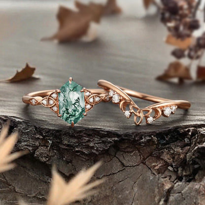 Unique Hexagon Moss Agate Ring Art Deco Wedding Ring Set Vintage Green Agate Engagement Anniversary Ring