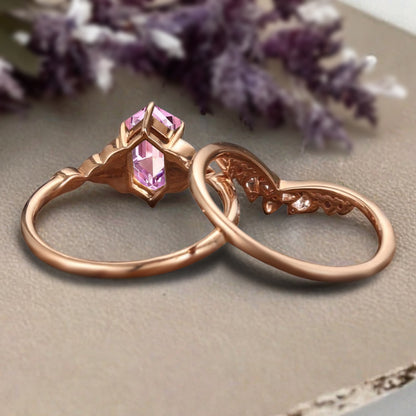 Unique Hexagon Pink Sapphire Ring Art Deco Wedding Ring Set Vintage Pink Agate Engagement Anniversary Ring