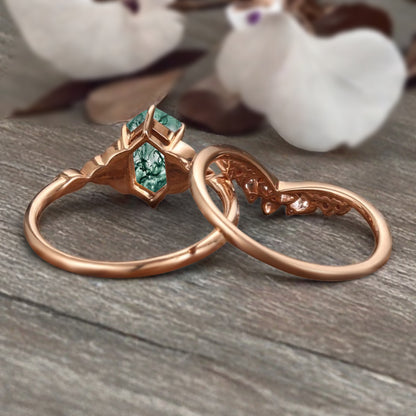 Unique Hexagon Moss Agate Ring Art Deco Wedding Ring Set Vintage Green Agate Engagement Anniversary Ring