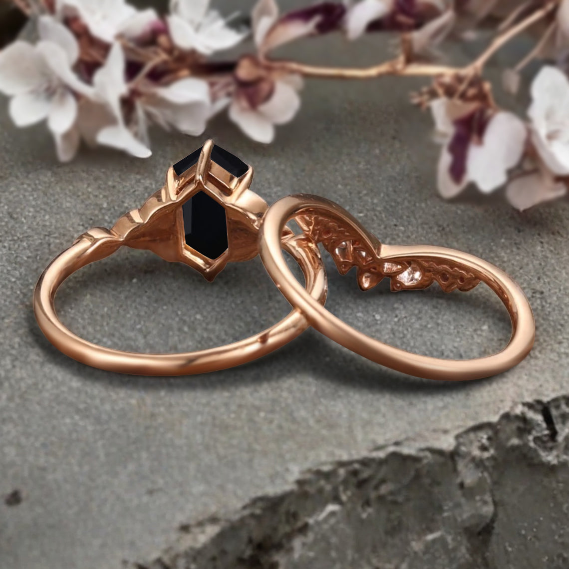 Unique Hexagon Black Onyx Ring Art Deco Wedding Ring Set Vintage Black Agate Engagement Anniversary Ring
