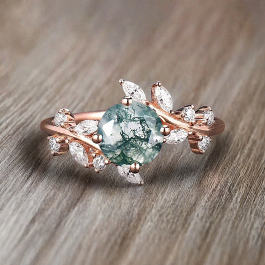 Art Deco Nature Moss Agate Engagement Ring Vintage Round Cut Moss Agate Cluster Promise Ring Green Gemstone Bridal Leaf Ring Custom Jewelry