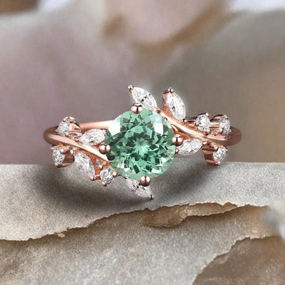 Art Deco Nature Tsavorite Engagement Ring Vintage Round Cut Tsavorite Cluster Promise Ring Green Gemstone Bridal Leaf Ring Custom Jewelry