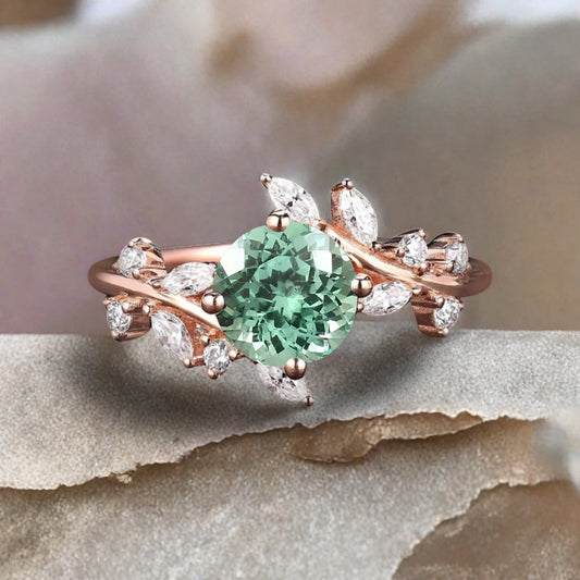 Art Deco Nature Tsavorite Engagement Ring Vintage Round Cut Tsavorite Cluster Promise Ring Green Gemstone Bridal Leaf Ring Custom Jewelry
