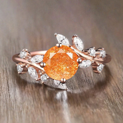 Art Deco Nature Sunstone Engagement Ring Vintage Round Cut Sunstone Cluster Promise Ring Orange Gemstone Bridal Leaf Ring Custom Jewelry