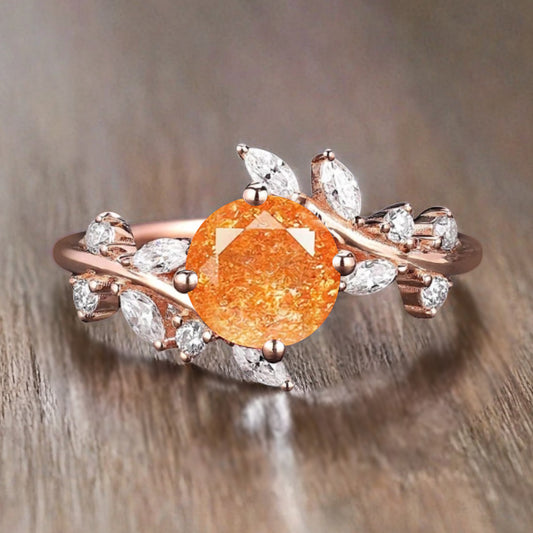 Art Deco Nature Sunstone Engagement Ring Vintage Round Cut Sunstone Cluster Promise Ring Orange Gemstone Bridal Leaf Ring Custom Jewelry