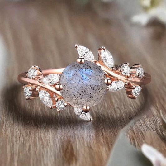 Art Deco Nature Labradorite Engagement Ring Vintage Round Cut Labradorite Cluster Promise Ring Grey Gemstone Bridal Leaf Ring Custom Jewelry