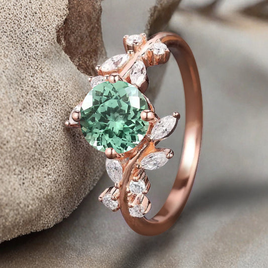 Art Deco Nature Tsavorite Engagement Ring Vintage Round Cut Tsavorite Cluster Promise Ring Green Gemstone Bridal Leaf Ring Custom Jewelry